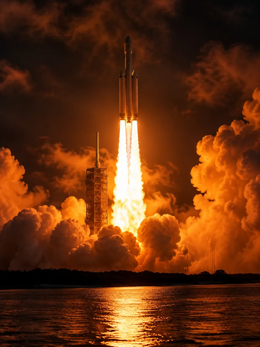 Rakete beim Start in der Nacht