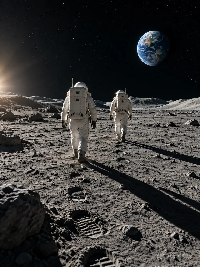 Zwei Astronauten gehen über die Mondoberfläche